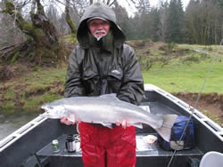 Ken who fished with guide Nick on the Stamp River close to Port Alberni B.C. shows off his Winter Steelhead that he landed using a Pink Worm.