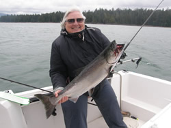 Karen from Sechelt B.C. had a great Barkley Sound fishing trip.  She landed this fifteen pound Chinook salmon at Kirby point using a green nickel coyote spoon.  Guide was John of Slivers Charters Salmon Sport Fishing