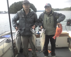 Jin and John from Pittsburgh show a few of their fish on a two day trip. These fish were caught out at the Rats Nose on a great June day.  The pair had a couple of Chinook on their second day just over 20 pounds.  These Chinook were 10 to 12 pounds.  All of the salmon were caught on a needlefish'hootchie