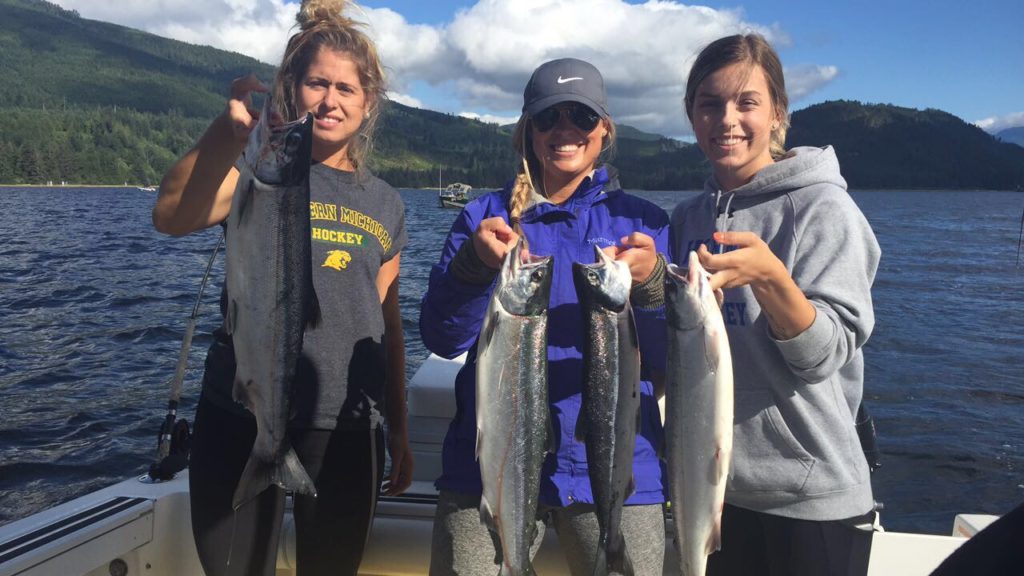 These three girls from Prince George, Vancouver and Port Alberni had a great time Sockeye fishing in the Alberni Inlet fishing with guide Doug from Slivers Charters Salmon Sport Fishing Sockeye fishing opened in the Alberni Inlet on the first of July