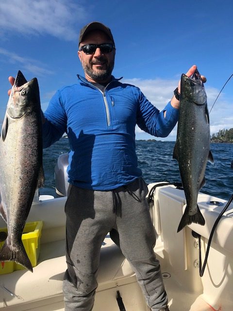 Chris of White Rock had a very good day of fishing in Barkley Sound showing here two Chinook Salmon landed on three inch Irish Cream Spoons