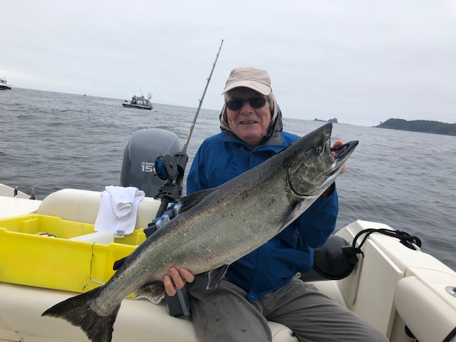Kent from Alabama fished with Doug of Slivers Charters Salmon Sport Fishing and landed this Chinook Salmon using anchovy in Barkley Sound