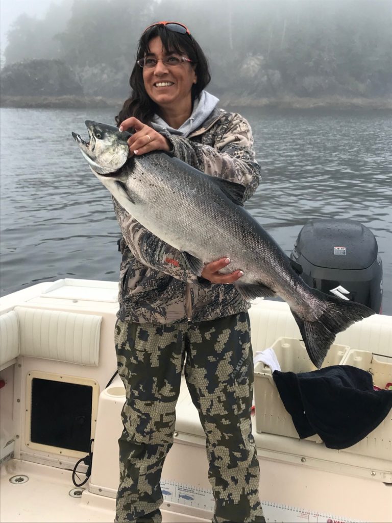 Amberlee of the Cowichan Valley on Vancouver Island fished with slivers Charters and landed this salmon using anchovy close to Gilbraltor Island.
