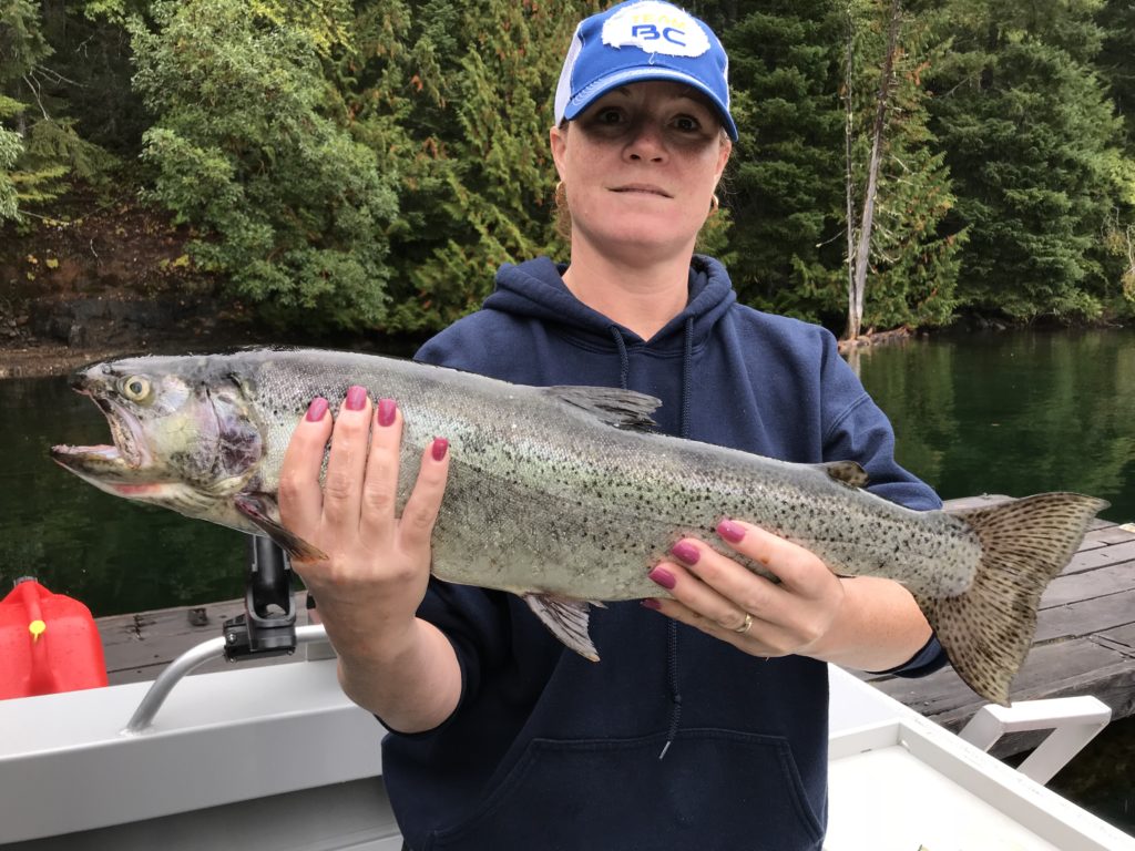 Amberlee of the Cowichan Valley on Vancouver Island fished with slivers Charters and landed this salmon using anchovy close to Gilbraltor Island.