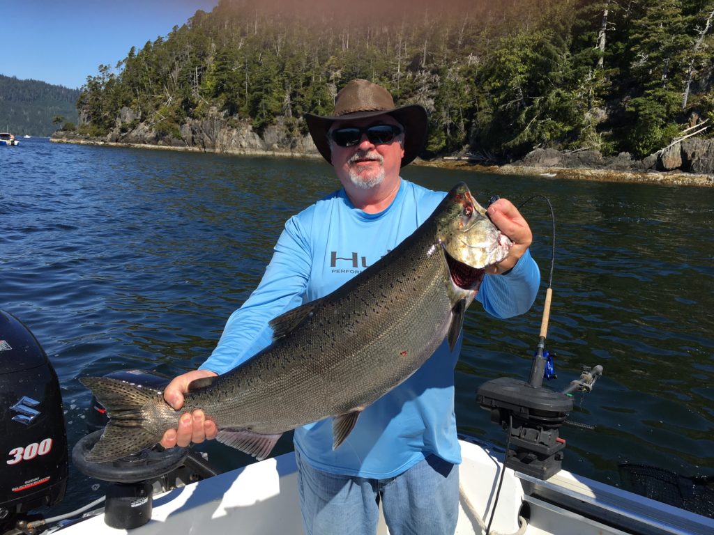 Mardie and his Chinook salmon landed in Barkley Sound using anchovy.