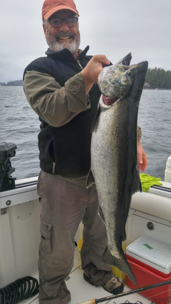Henry from Toronto with Chinook salmon. Salmon fishing in the Alberni Inlet and Barkley Sound should be very good in 2019. The West Coast Vancouver Island returns of Chinook and Coho are very strong for the summer of 2019.