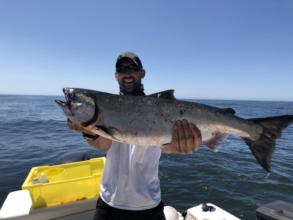 Andrew of North Vancouver with a great Chinook salmon off of Cree Island fishing with Doug of Slivers Charters Salmon Sport Fishing