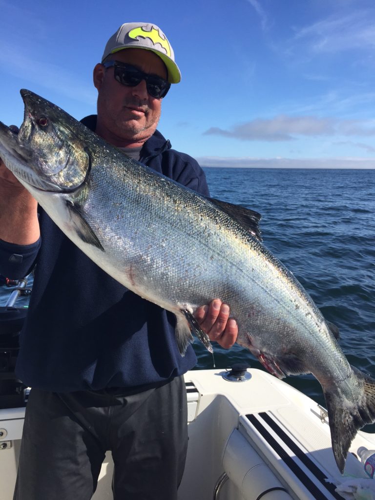 Guest from Calgary albertal fished with Slivers Charters Salmon sport fishing and landed this 19 pound chinook using anchovy in a glow army truck teaser head
