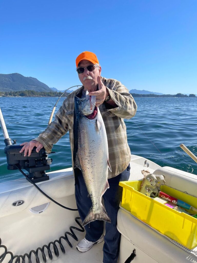 This Chinook salmon came in at sixteen pounds in April close to Ucluelet at the Red Can.   Rick fishing with Wayne and Roland landed this fishing use a three inch herring aid.