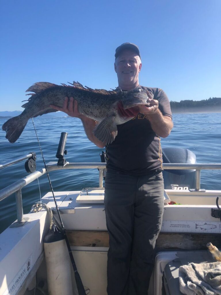 Ling Cod fishing in the spring can be excellent.  Guide Barry is excited about this good sized ling landed in Barkley Sound out on the surf line.....